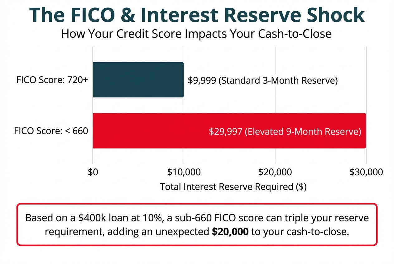 A bar chart demonstrating how a lower FICO score increases hard money loan interest reserves. A 720 FICO requires a $9,999 reserve, while a sub-660 FICO requires a $29,997 reserve, creating a $20,000 cash-to-close shock.