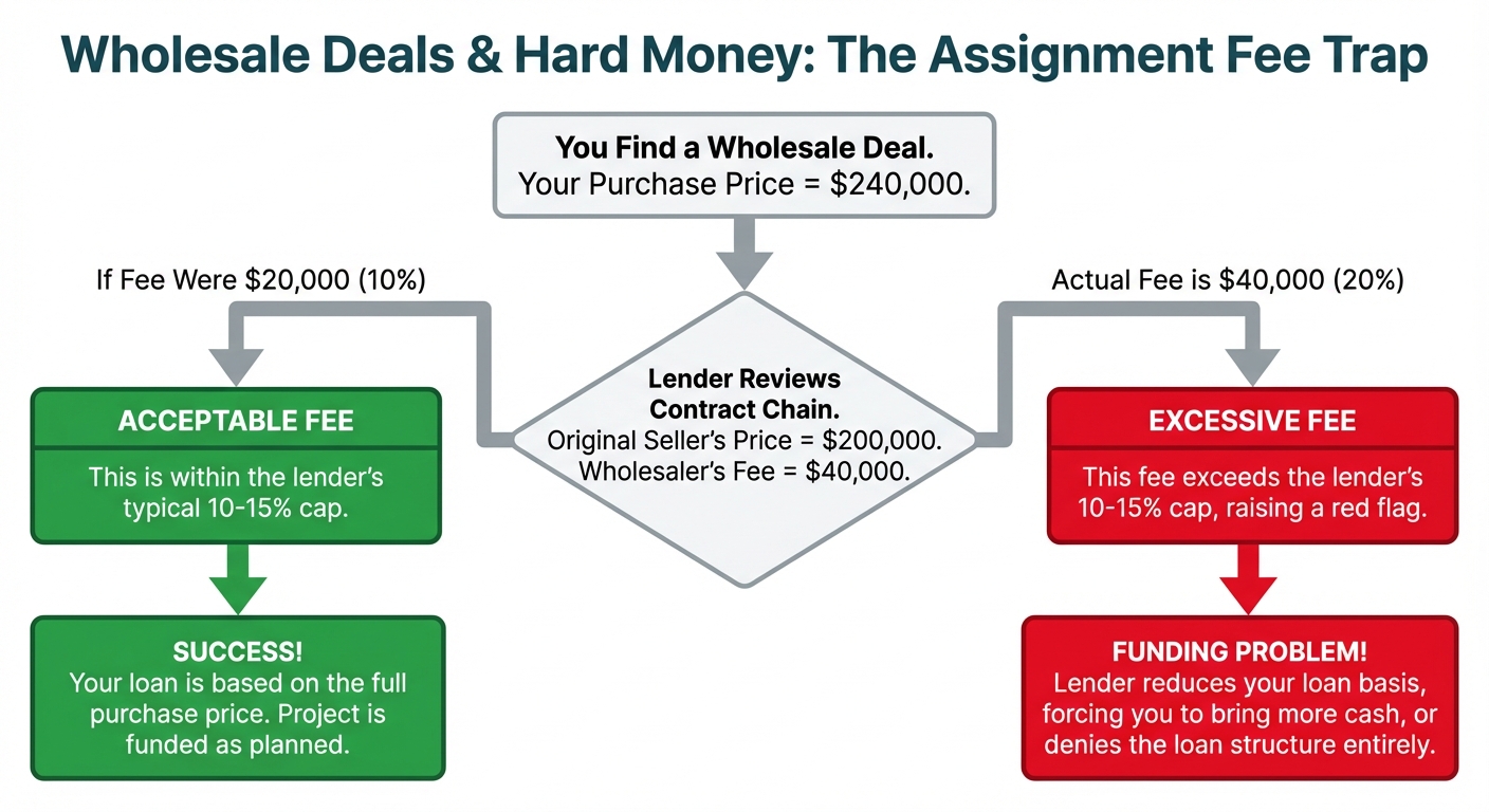 A flowchart explaining how excessive wholesale assignment fees impact hard money loans. A fee within the 10-15% cap leads to successful funding, while a fee exceeding the cap leads to a reduced loan amount or denial.