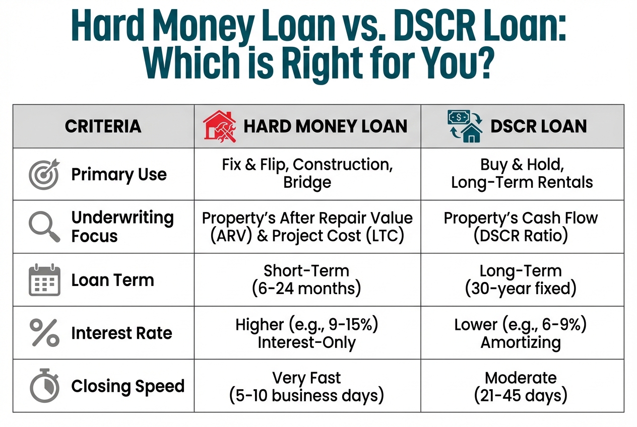 A comparison table contrasting Hard Money Loans and DSCR Loans. It shows Hard Money is for short-term flips based on ARV with higher rates, while DSCR is for long-term rentals based on cash flow with lower rates.