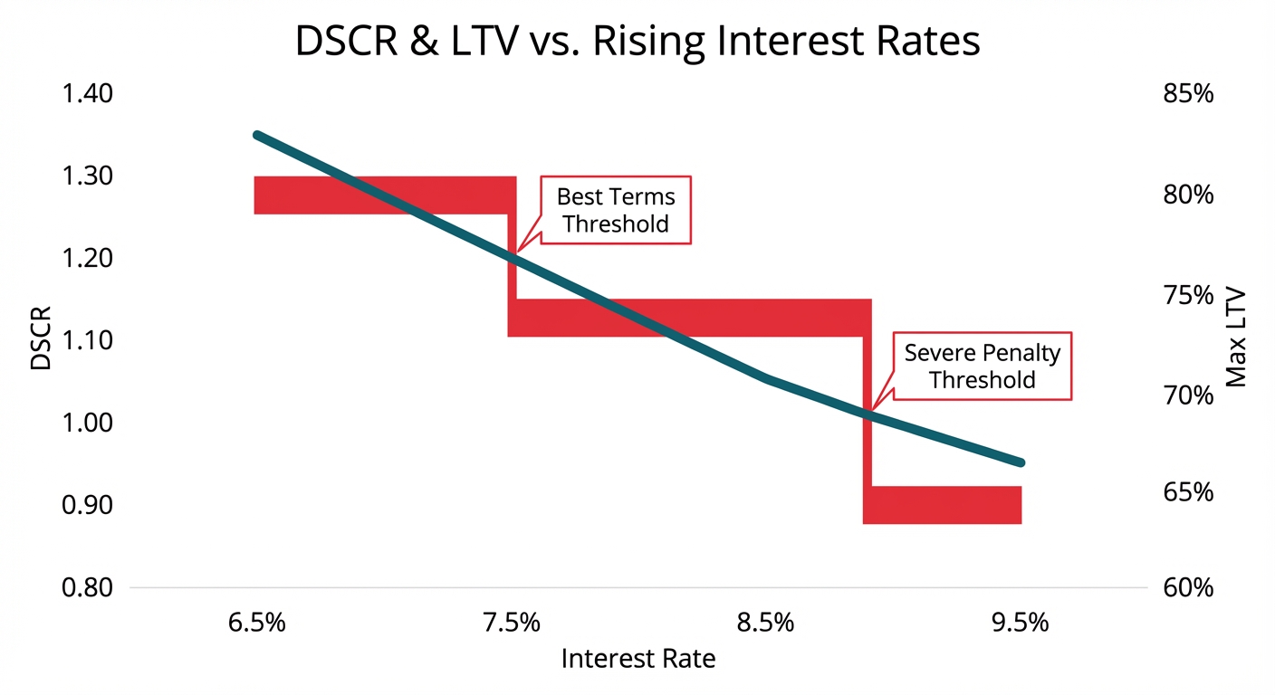A graph showing the inverse relationship between interest rates, DSCR, and LTV. As interest rates on the x-axis rise from 6.5% to 9.5%, the DSCR line graph trends downward, and the LTV bar chart steps down from 80% to 65% at critical DSCR thresholds.