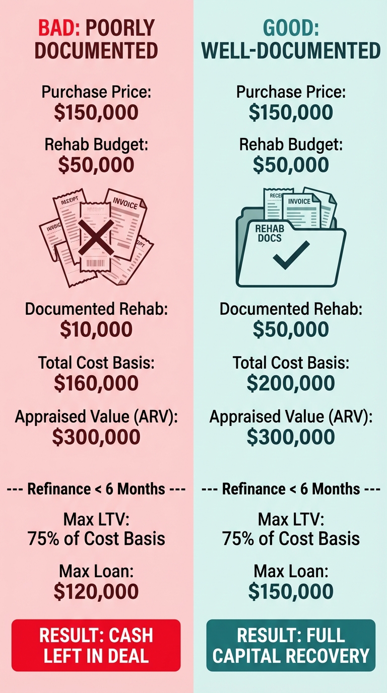 An infographic comparing the refinance outcomes of a poorly documented versus a well-documented renovation. The poorly documented project results in cash being left in the deal, while the well-documented project allows for full capital recovery due to a higher cost basis.