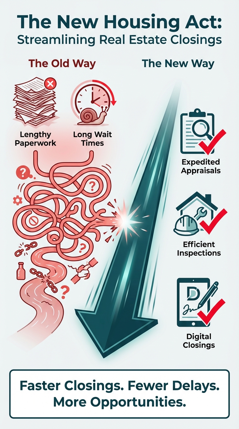 An image of a real estate investor and a seller shaking hands in front of a house, symbolizing a successful and fast closing. Icons for approved appraisals and inspections are in the background.