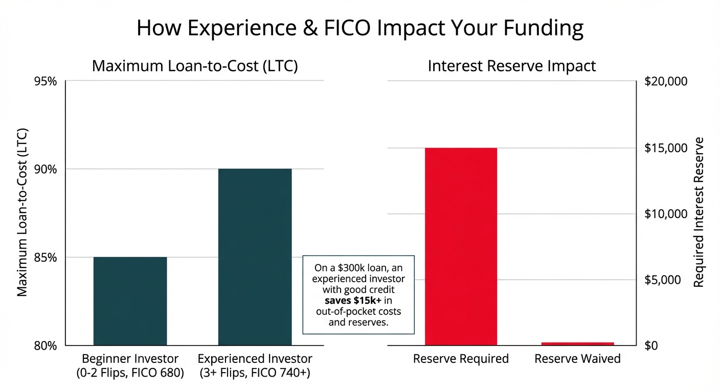 A bar chart comparing a beginner and an experienced fix and flip investor. The experienced investor achieves 90% LTC versus the beginner's 85% and has their interest reserve requirement waived, while the beginner must have a reserve.
