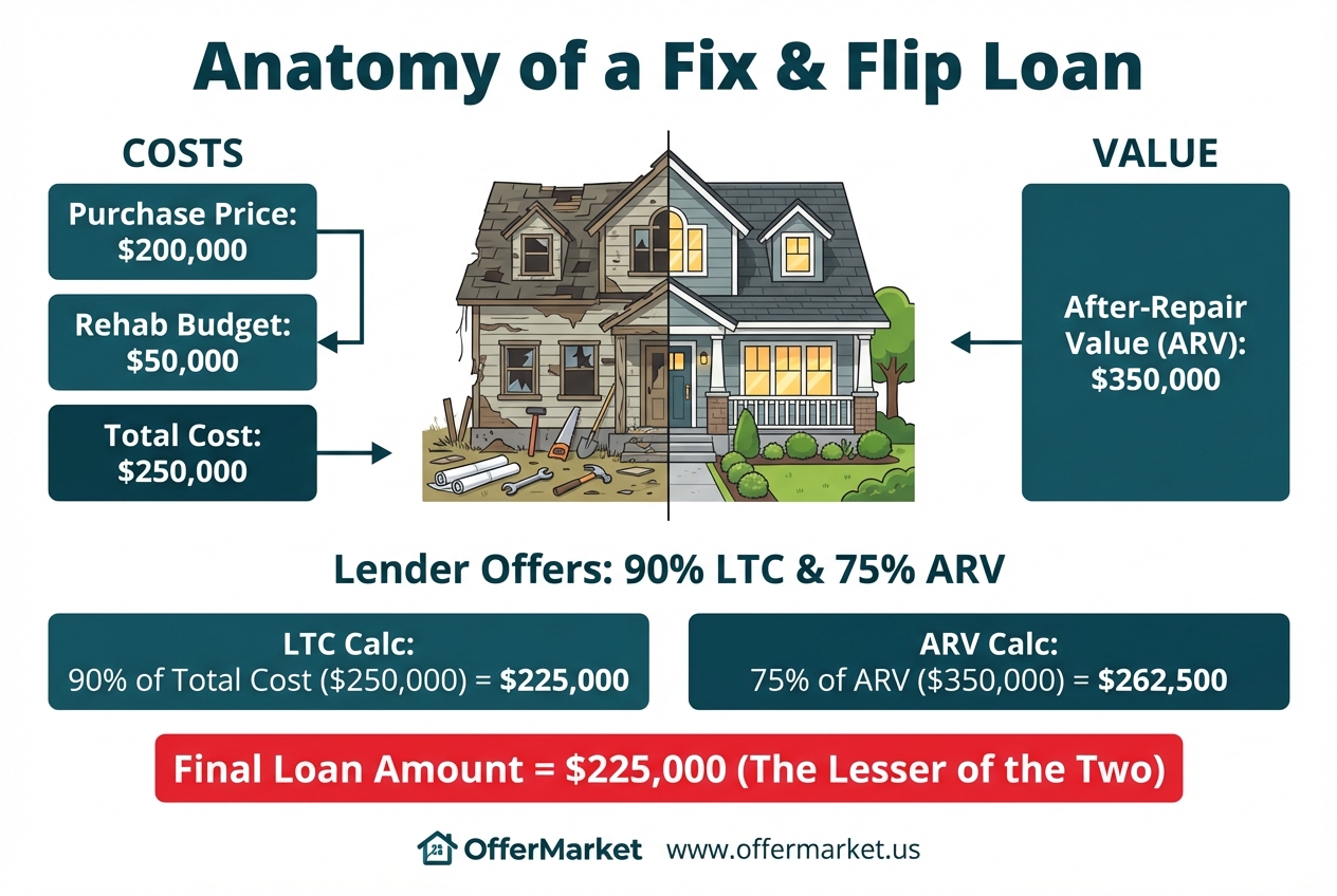 An infographic explaining how a fix and flip loan is calculated. It shows a property with a $200,000 purchase price and a $50,000 rehab budget. It then calculates the loan based on the lesser of 90% of the total cost or 75% of the after-repair value, resulting in a final loan amount of $225,000.