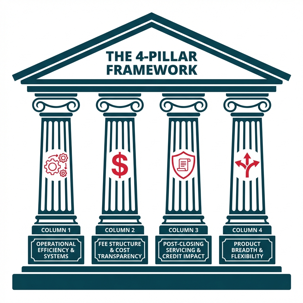 An illustration of four classical columns supporting a roof. The columns are labeled: Operational Efficiency & Systems, Fee Structure & Cost Transparency, Post-Closing Servicing & Credit Impact, and Product Breadth & Flexibility. The roof is labeled 