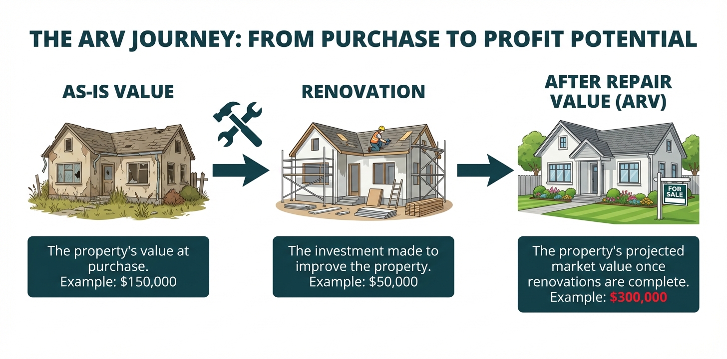 A diagram illustrating the concept of After Repair Value (ARV), showing a house transforming from its as-is purchase state, through renovation, to its final, higher value after repairs are complete.
