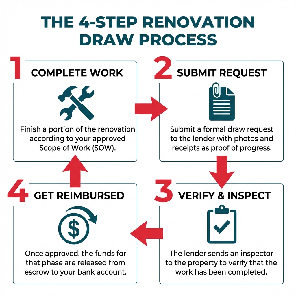 A 4-step circular infographic explaining the hard money loan draw process: 1. Complete Work, 2. Submit Request, 3. Verify & Inspect, 4. Get Reimbursed.