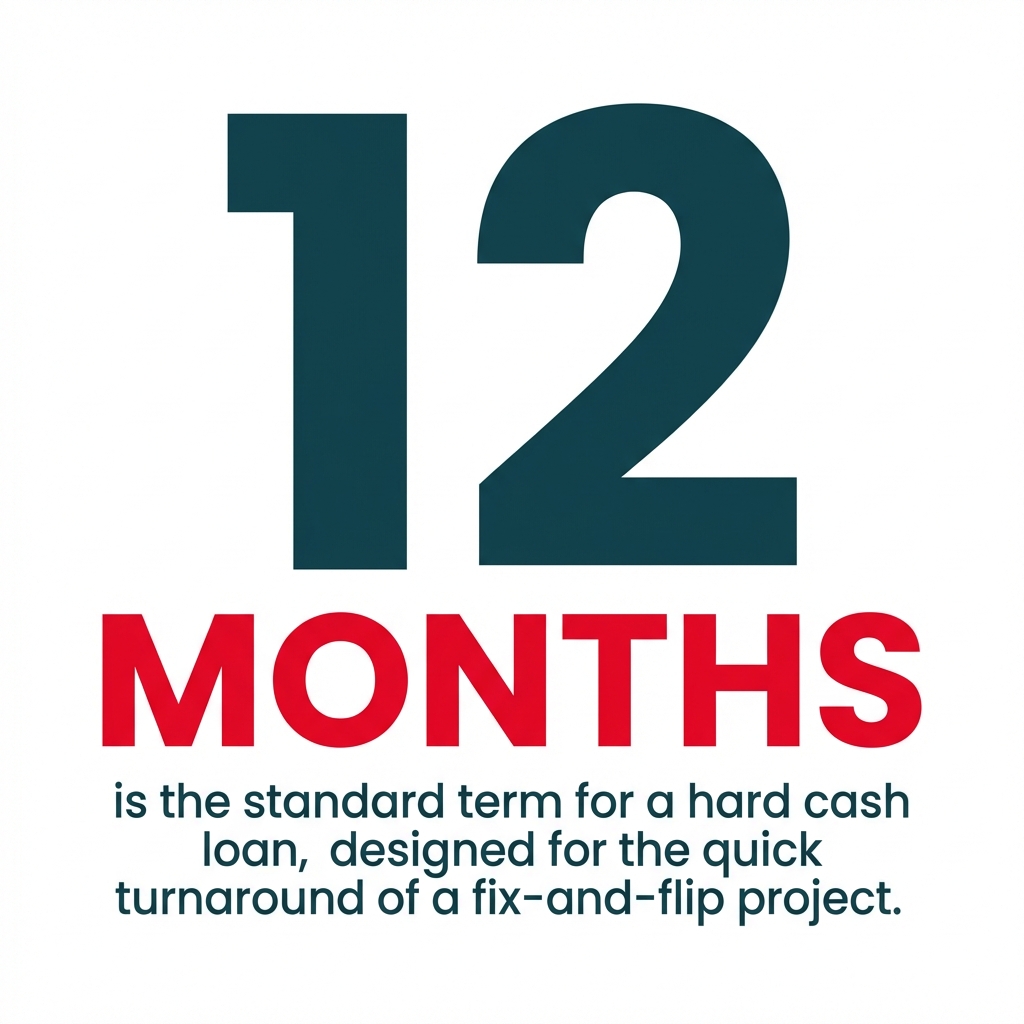 A graphic stating that 12 months is the standard term for a hard cash loan. The number 12 is featured prominently.