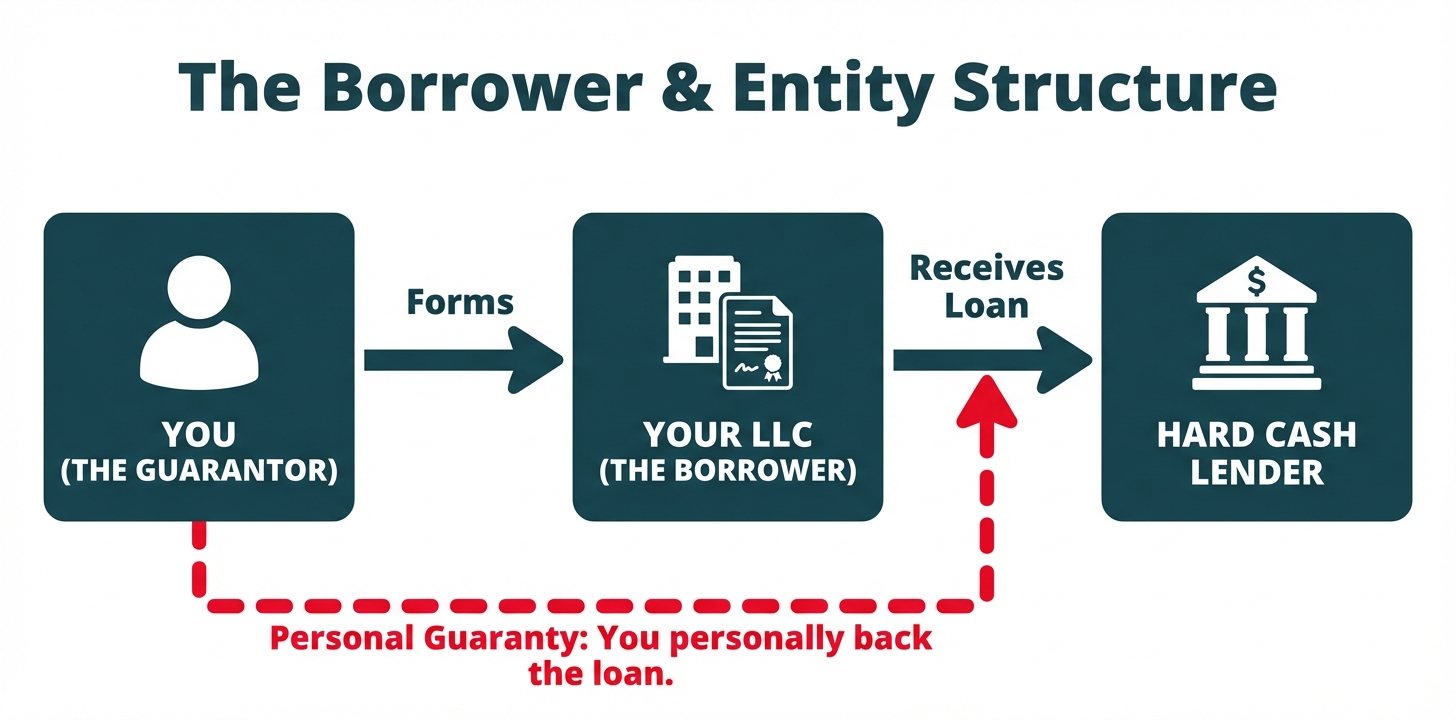 A flowchart showing that an individual forms an LLC, which acts as the borrower for a hard cash loan. A dotted line representing a personal guaranty connects the individual back to the loan, signifying personal liability.