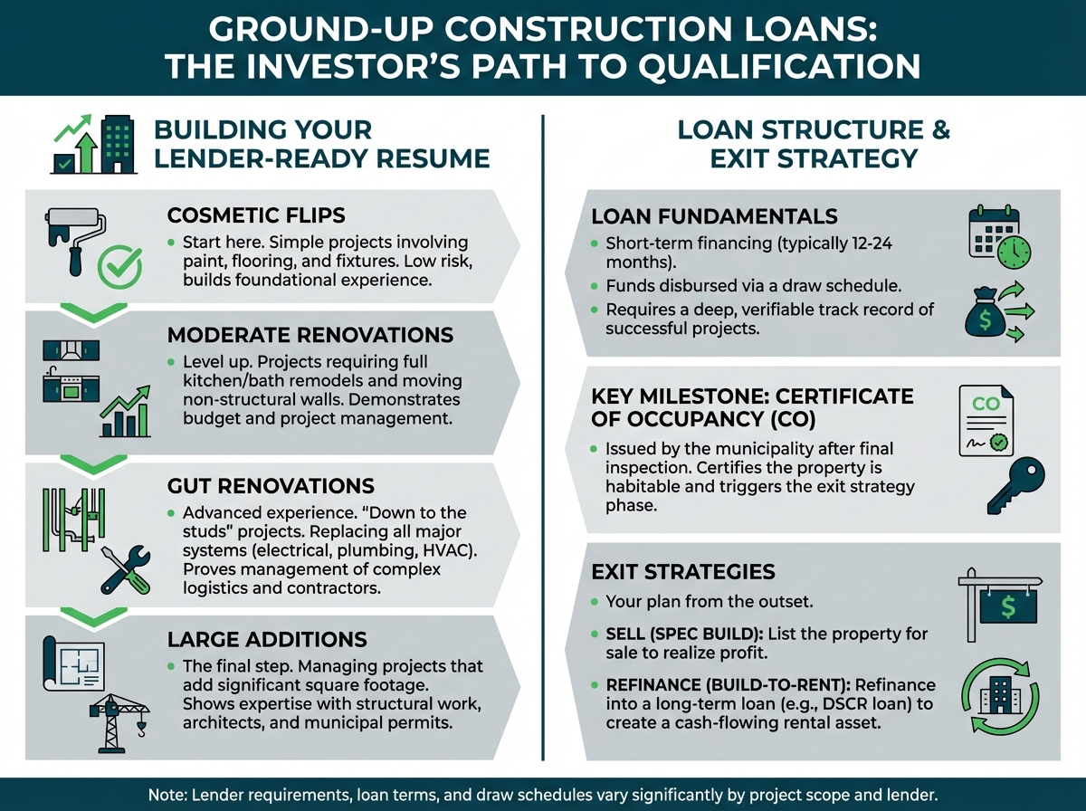 A top-down view of a desk with architectural blueprints, a hard hat, a calculator, and a tablet displaying a detailed construction budget spreadsheet, representing the planning phase for a real estate construction loan.
