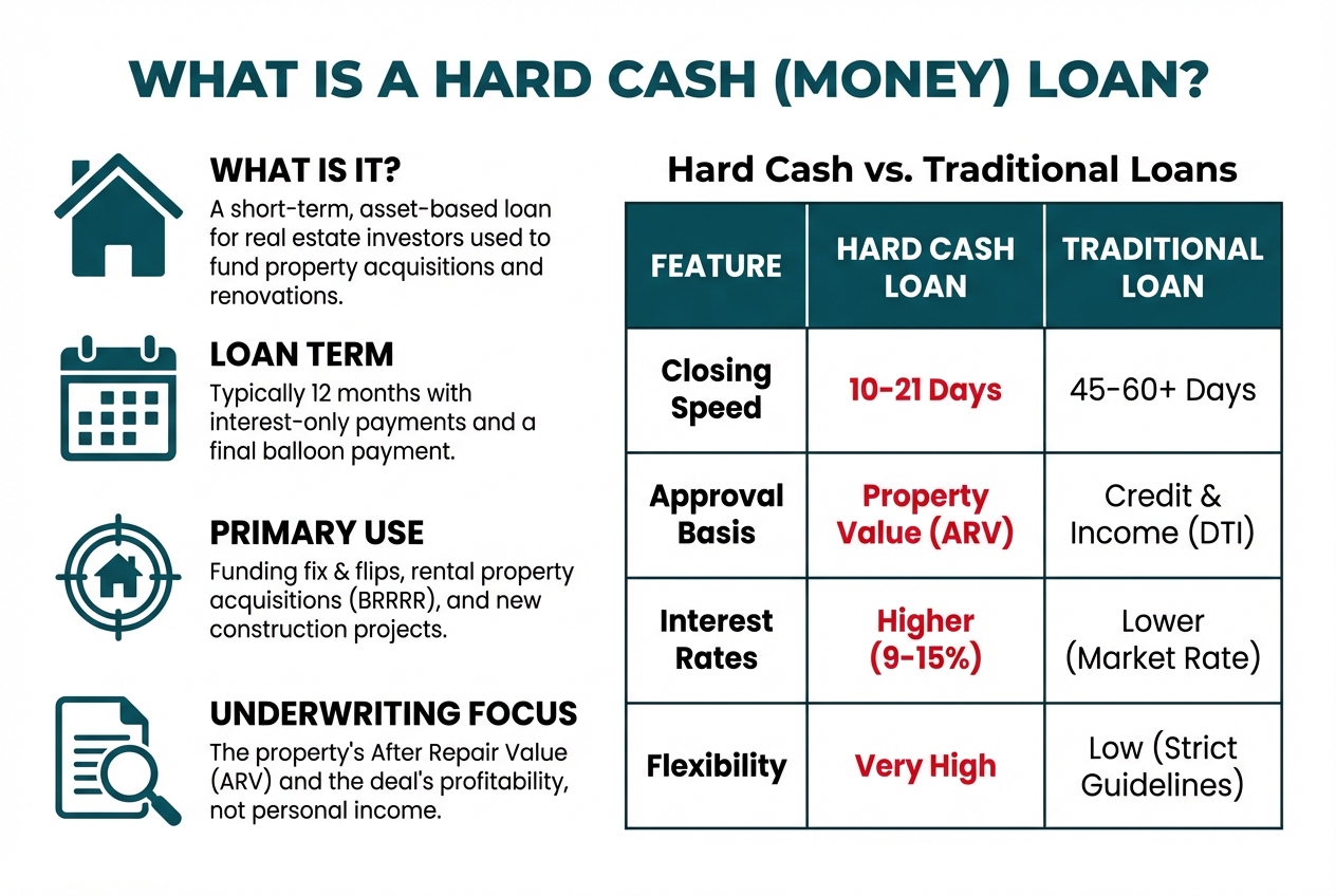 An infographic explaining what a hard cash loan is. It details the definition, term, use, and underwriting focus, and includes a table comparing hard cash loans to traditional loans based on speed, approval basis, rates, and flexibility.