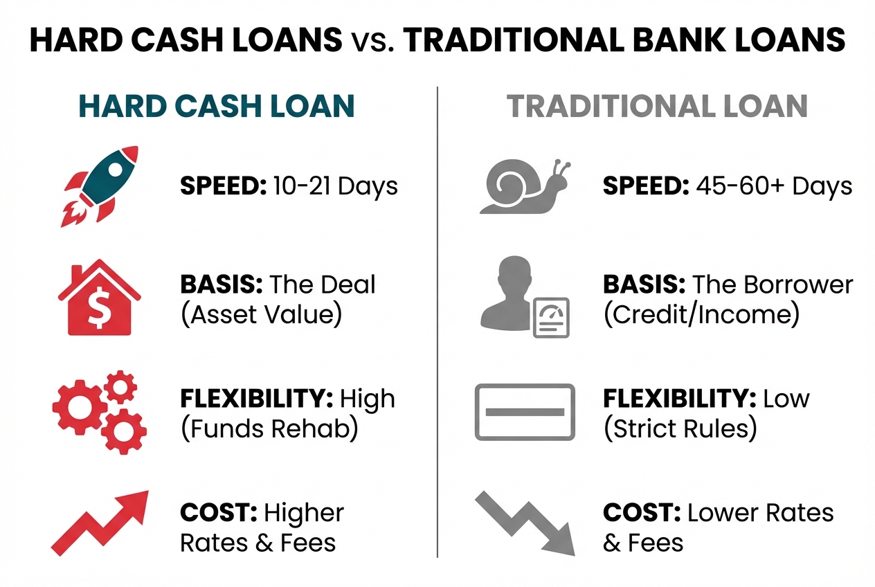 A comparison chart contrasting hard cash loans and traditional bank loans on speed, approval basis, flexibility, and cost. Hard cash loans are shown to be faster and more flexible but more expensive.