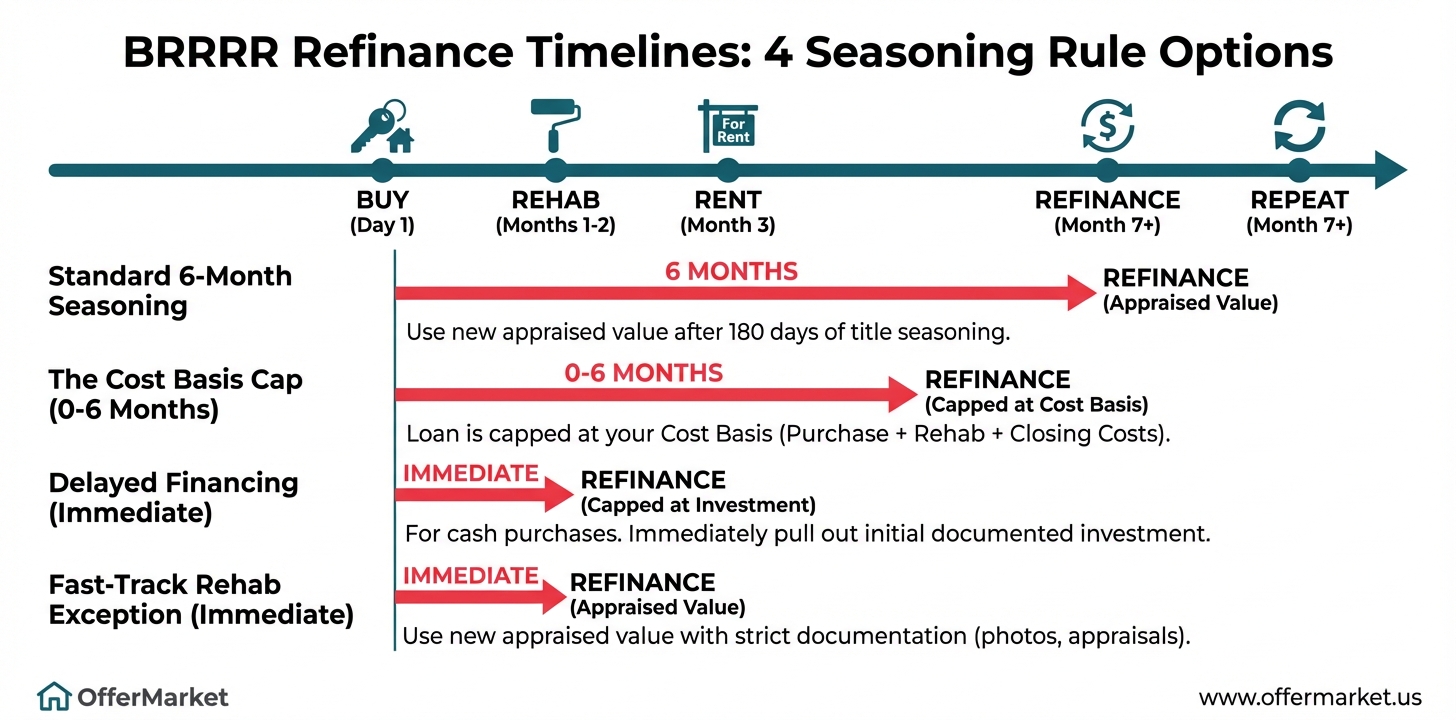 A timeline infographic illustrating the BRRRR real estate strategy. It shows five stages: Buy, Rehab, Rent, Refinance, and Repeat, and highlights the mandatory 6-month seasoning period that occurs between the Rent and Refinance stages.
