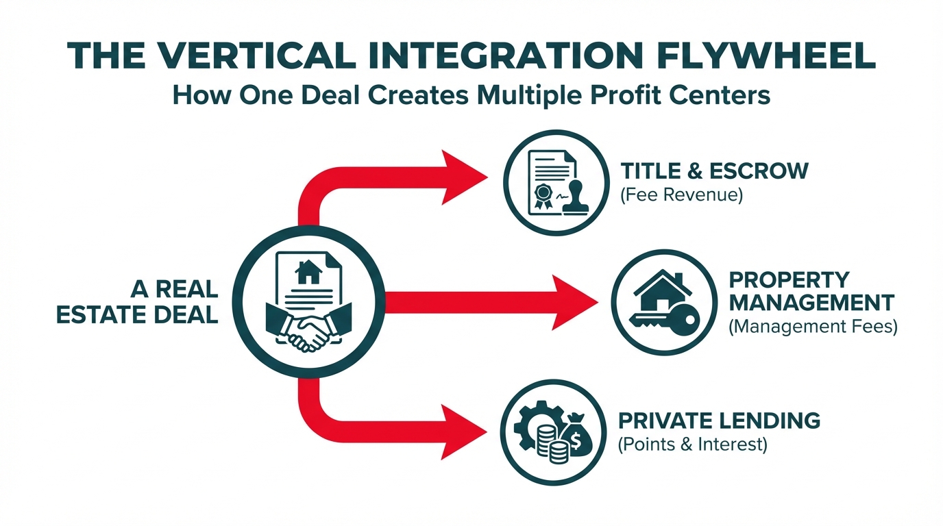 A flowchart demonstrating Pace Morby's vertical integration strategy. A central icon labeled 