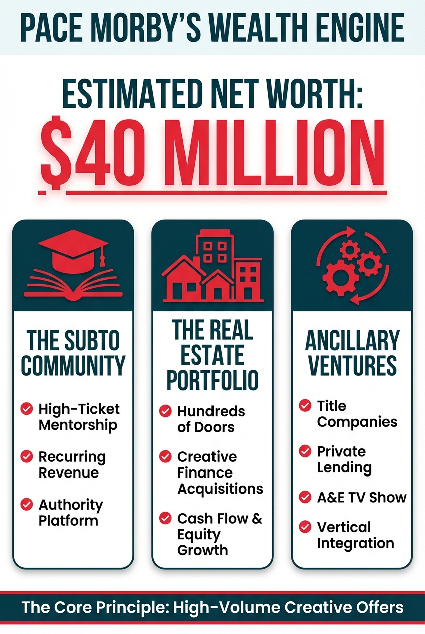 Infographic detailing Pace Morby's estimated net worth of $40 million. It breaks down his wealth into three pillars: The Subto Community education platform, a large real estate portfolio built with creative finance, and ancillary ventures like title companies and private lending.