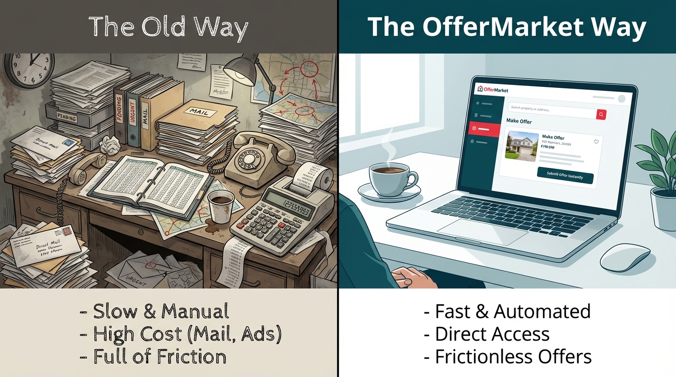 A split-screen image comparing real estate offer methods. The left side, 