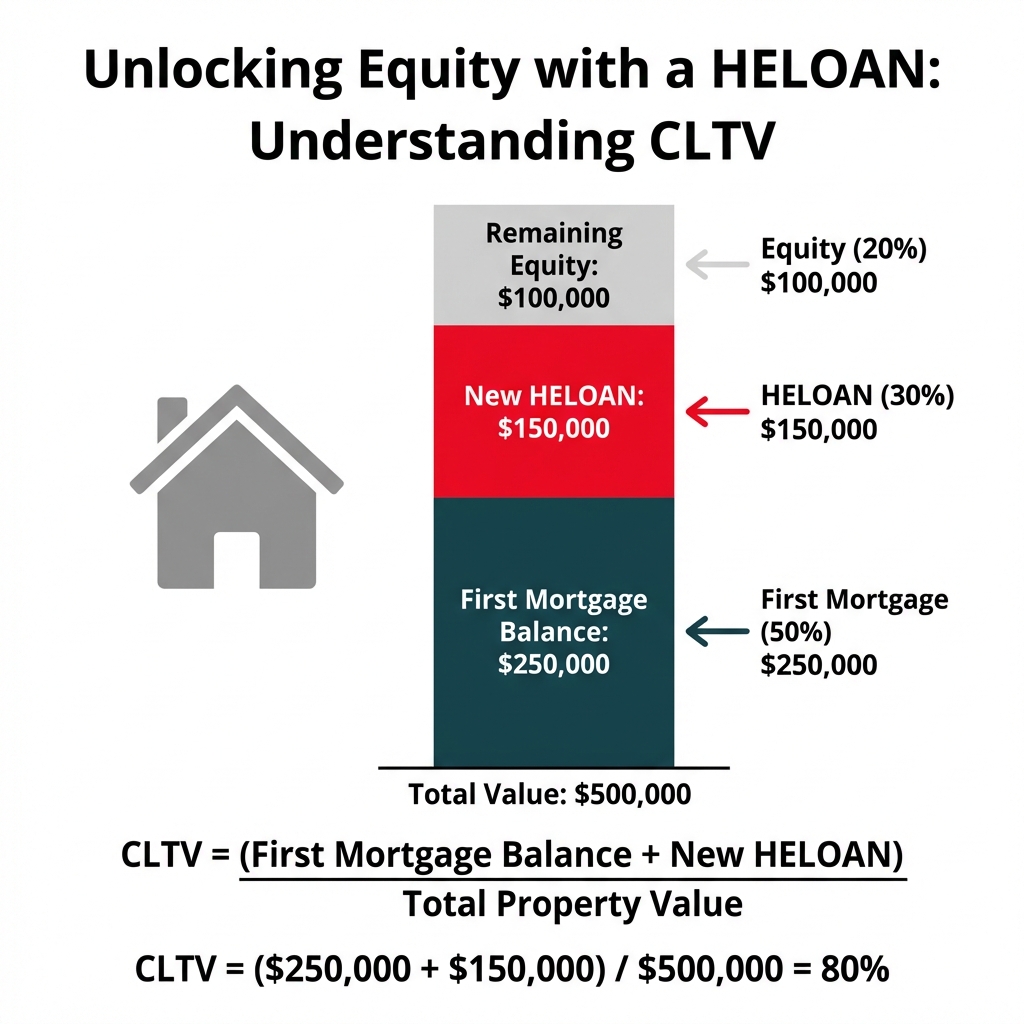 A bar chart illustrating CLTV for a HELOAN. It shows a $500,000 property with a $250,000 first mortgage, a $150,000 HELOAN, and $100,000 in remaining equity, resulting in an 80% CLTV.