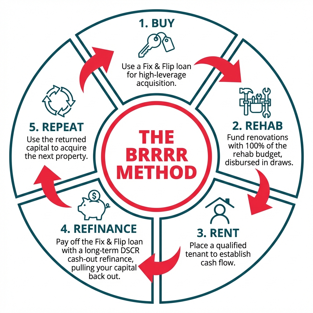 A circular diagram illustrating the 5 steps of the BRRRR method: Buy with a fix & flip loan, Rehab with construction draws, Rent to a tenant, Refinance with a DSCR loan, and Repeat the process.