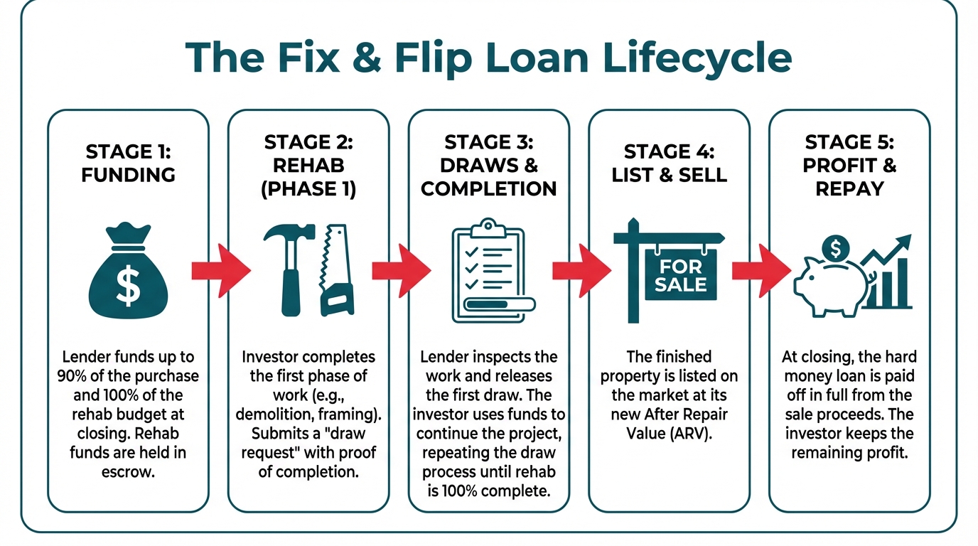 A 5-stage flowchart explaining the fix and flip loan process. It shows the initial funding, the rehab and draw request phase, project completion, selling the property, and finally, repaying the loan and taking the profit.