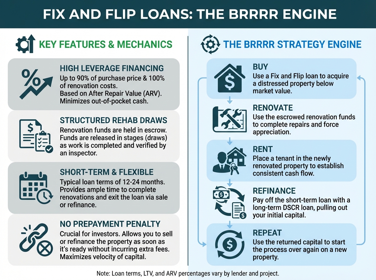 A modern house undergoing a major renovation. The left side is completely finished with stylish dark siding and a red door, while the right side is still under construction with exposed framing, representing a fix-and-flip project in progress.