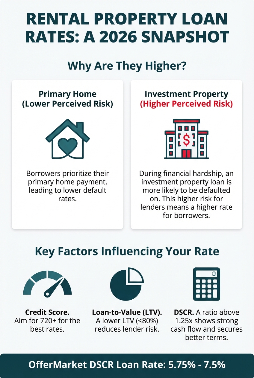 An infographic explaining rental property loan rates in 2026. It shows that investment property rates are higher due to perceived risk and lists credit score, LTV, and DSCR as key influencing factors. It also states OfferMarket's DSCR loan rates are between 5.75% and 7.5%.
