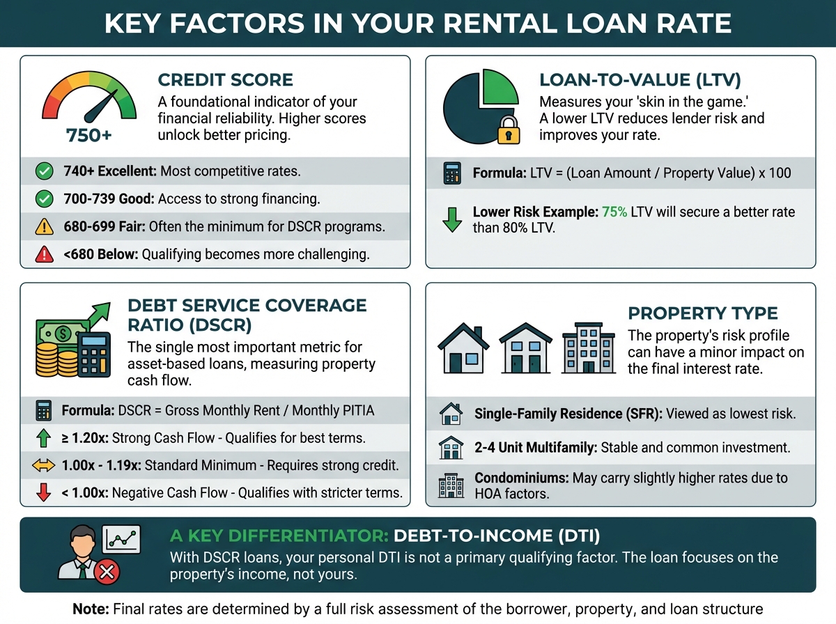 A bar chart showing that higher credit scores lead to lower rental property loan rates. The 740+ credit score tier has the lowest rate, while the 680-699 tier has the highest rate.