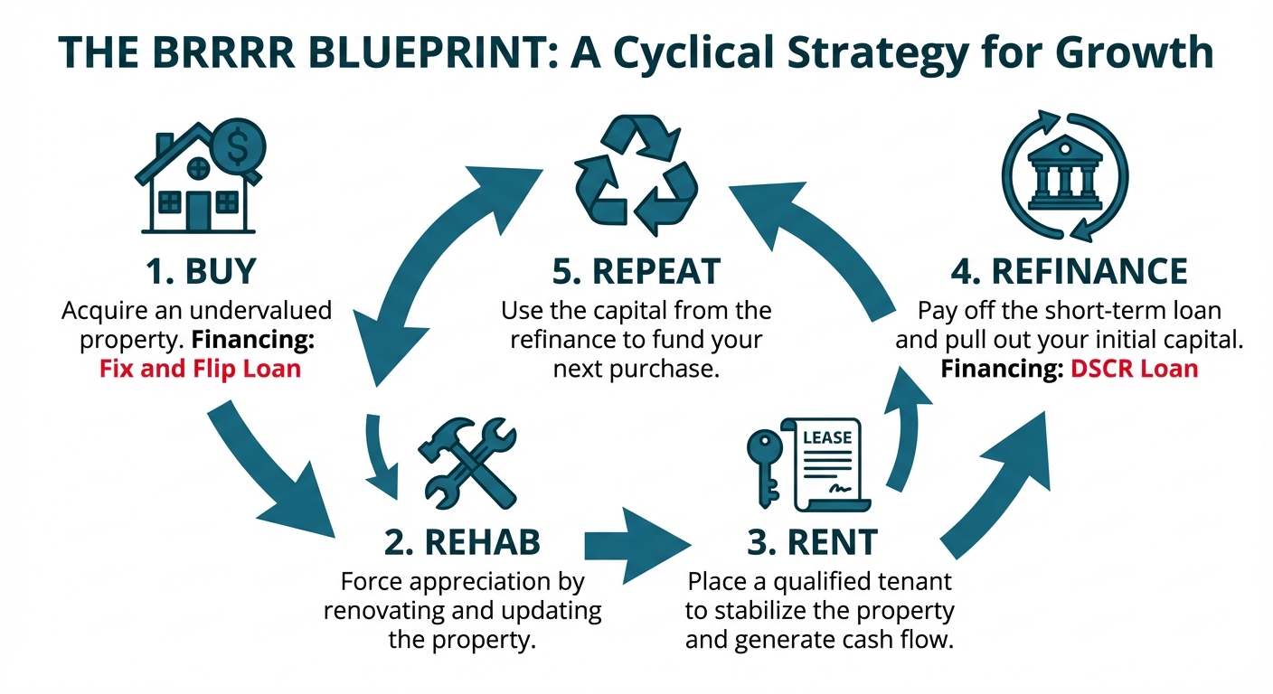 A flowchart infographic explaining the 5 steps of the BRRRR strategy: Buy with a Fix and Flip loan, Rehab the property, Rent it to a tenant, Refinance with a DSCR loan to pull cash out, and Repeat the process with the extracted capital.