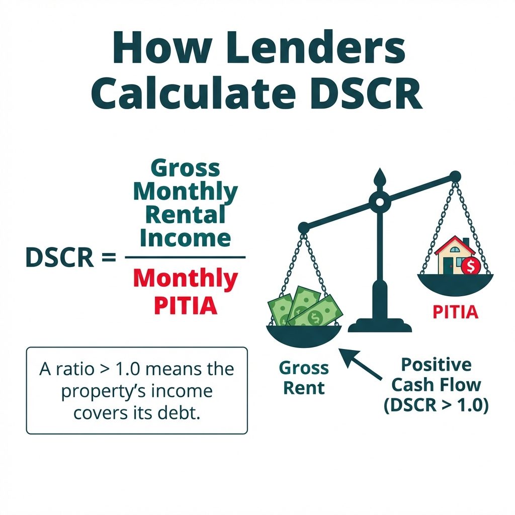 A chart explaining the DSCR calculation. On the left, it shows the formula: DSCR equals Gross Monthly Rental Income divided by Monthly PITIA. On the right, a balance scale is tipped in favor of Gross Rent over PITIA, illustrating positive cash flow.