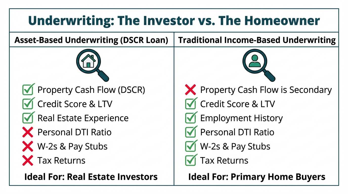 A comparison chart contrasting Asset-Based Underwriting with Traditional Income-Based Underwriting. The asset-based side focuses on property cash flow, while the traditional side focuses on personal DTI, W-2s, and tax returns.