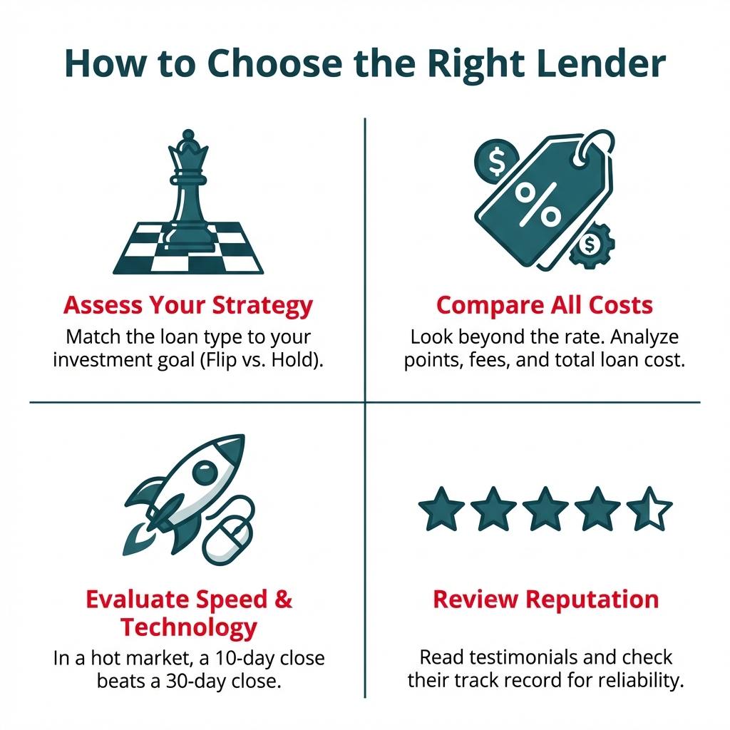 A four-quadrant graphic explaining how to choose a rental property lender. The quadrants are: Assess Your Strategy, Compare All Costs, Evaluate Speed & Technology, and Review Reputation.