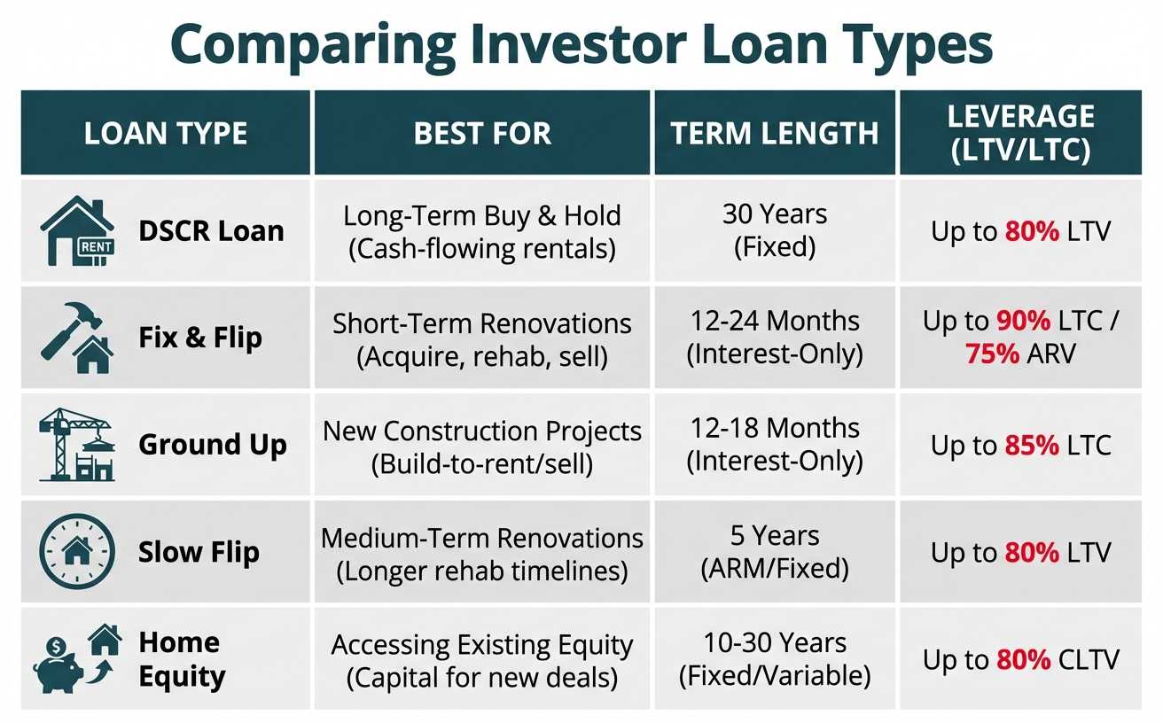 A comparison chart of five investor loan types: DSCR, Fix and Flip, Ground Up, Slow Flip, and Home Equity. The chart compares them based on their best use case, typical term length, and maximum leverage.