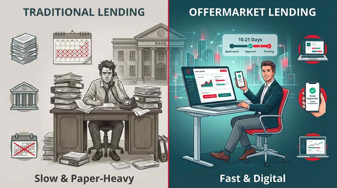 A split-screen image comparing traditional lending to OfferMarket. The left side is gray and cluttered with paperwork, labeled 