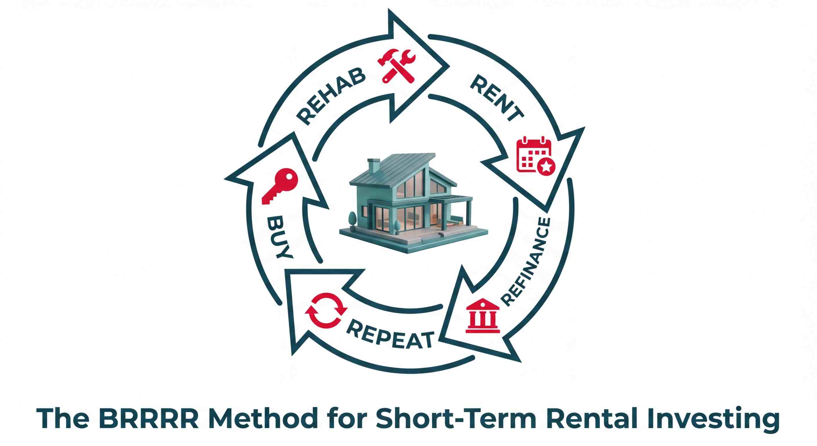 A circular diagram illustrating the BRRRR method for short-term rentals. The five steps—Buy, Rehab, Rent, Refinance, Repeat—are shown as arrows circling a modern house icon, representing a continuous investment cycle.