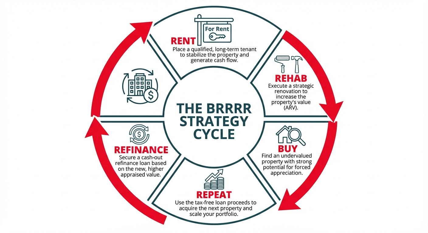 An infographic detailing the 5 steps of the BRRRR strategy in a circular flow. The steps are Buy, Rehab, Rent, Refinance, and Repeat, each with a corresponding icon and a short description.