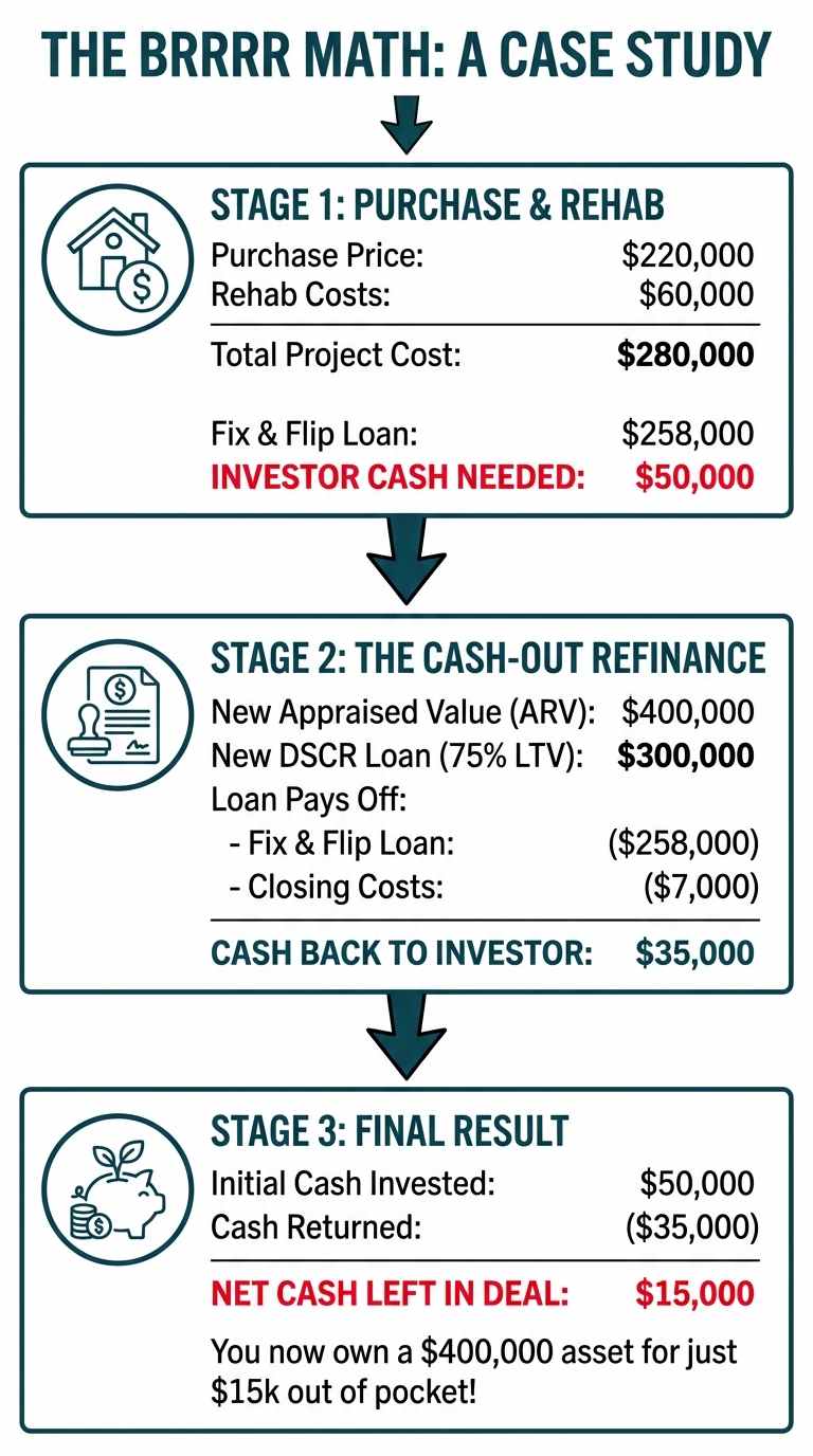 An infographic breaking down the finances of a sample BRRRR deal. It shows an initial cash investment of $50,000, a cash-out refinance returning $35,000, and a final result of owning a $400,000 property with only $15,000 left in the deal.