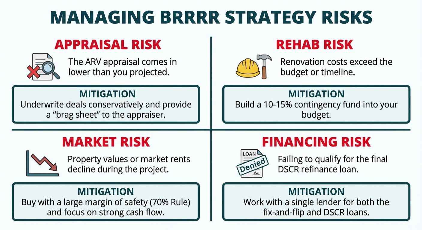 An infographic showing the four main risks of the BRRRR strategy: Appraisal Risk, Rehab Risk, Market Risk, and Financing Risk, along with a key mitigation strategy for each.