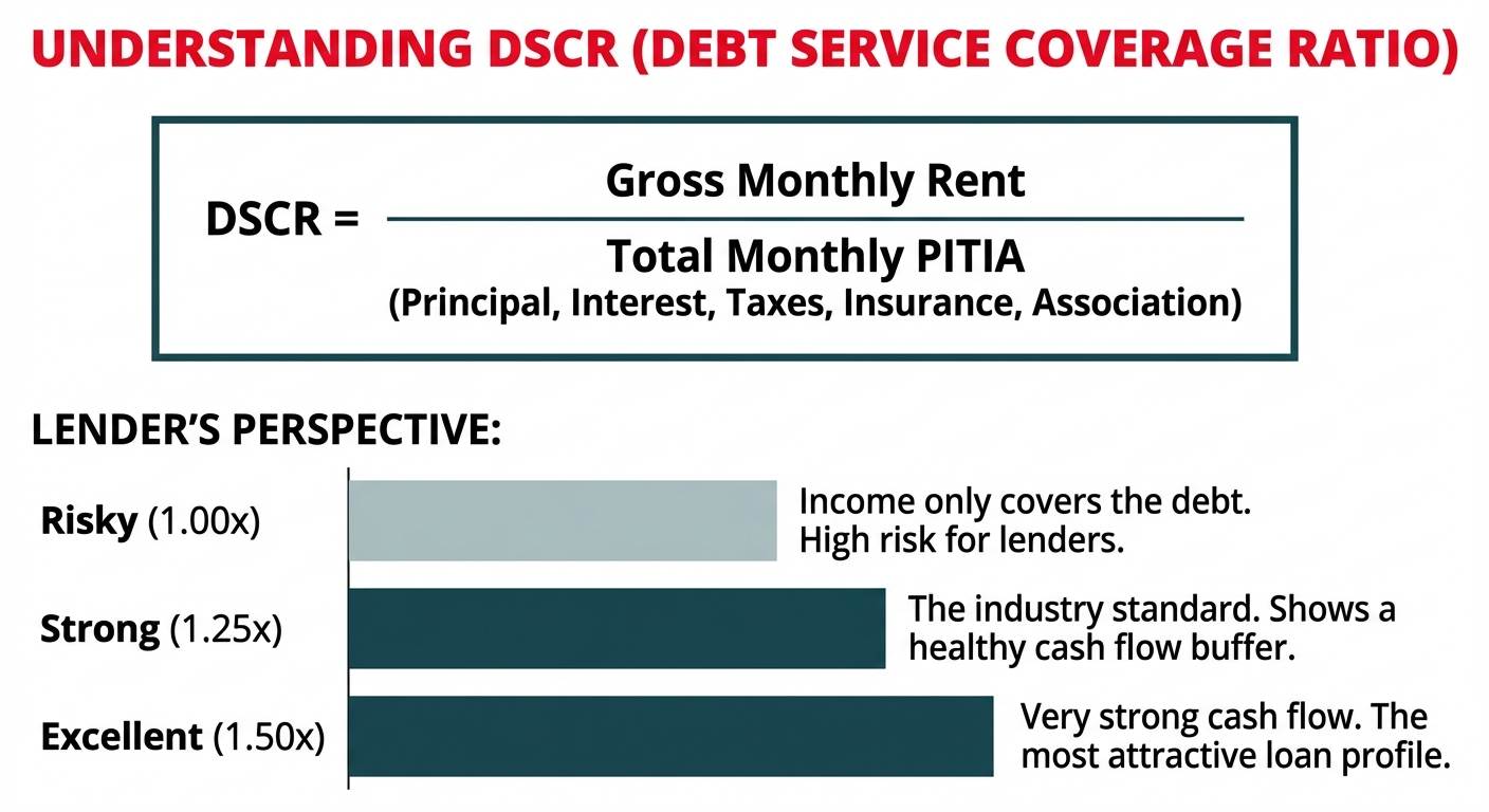 A chart explaining the Debt Service Coverage Ratio (DSCR). The top shows the formula: DSCR = Gross Monthly Rent / Total Monthly PITIA. The bottom features a bar chart showing that a 1.50x DSCR is excellent, 1.25x is strong, and 1.00x is risky from a lender's perspective.