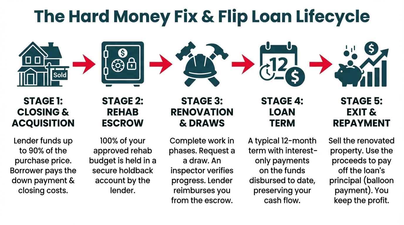 An infographic detailing the 5 stages of a hard money fix and flip loan: Closing & Acquisition, Rehab Escrow, Renovation & Draws, Loan Term, and Exit & Repayment.