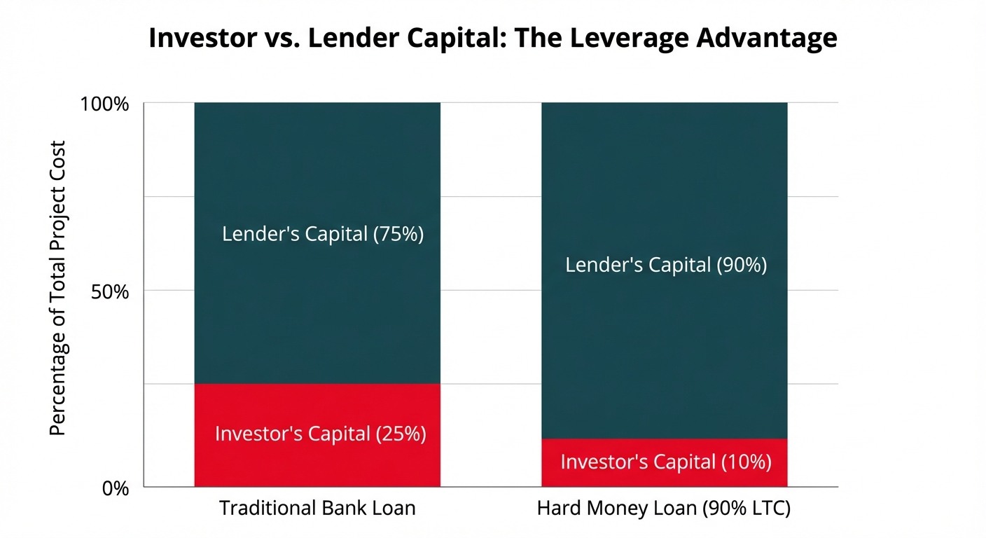A bar chart comparing the investor capital required for a traditional bank loan (25%) versus a high-leverage hard money loan (10%), demonstrating the cash-saving advantage of hard money.