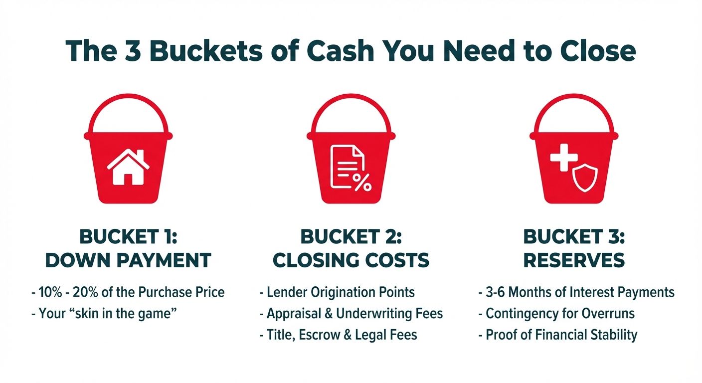 An infographic showing the three types of cash an investor needs for a hard money loan: Down Payment, Closing Costs, and Reserves, with explanations for each.