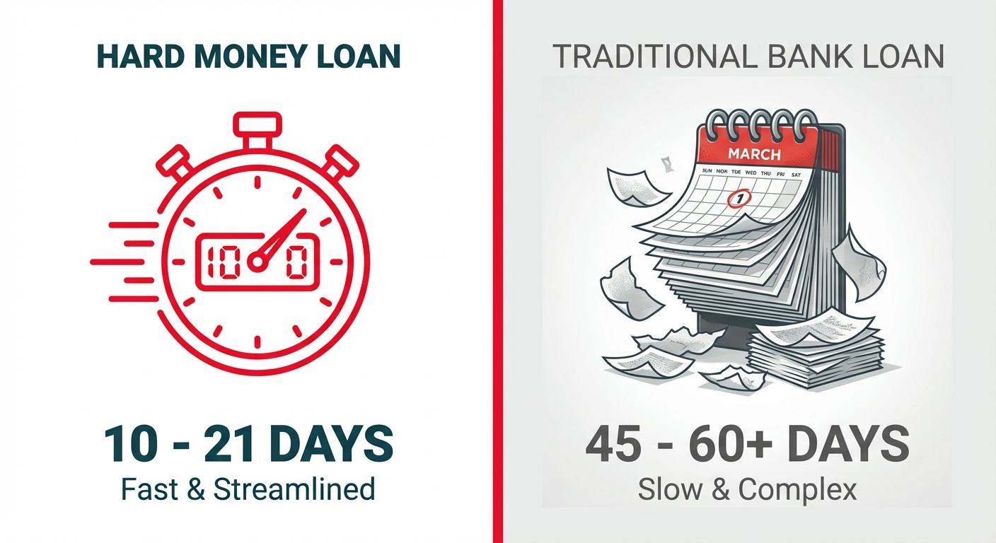 A split-screen image comparing the closing time for a hard money loan (10-21 days) with a traditional bank loan (45-60+ days), highlighting the speed of hard money.