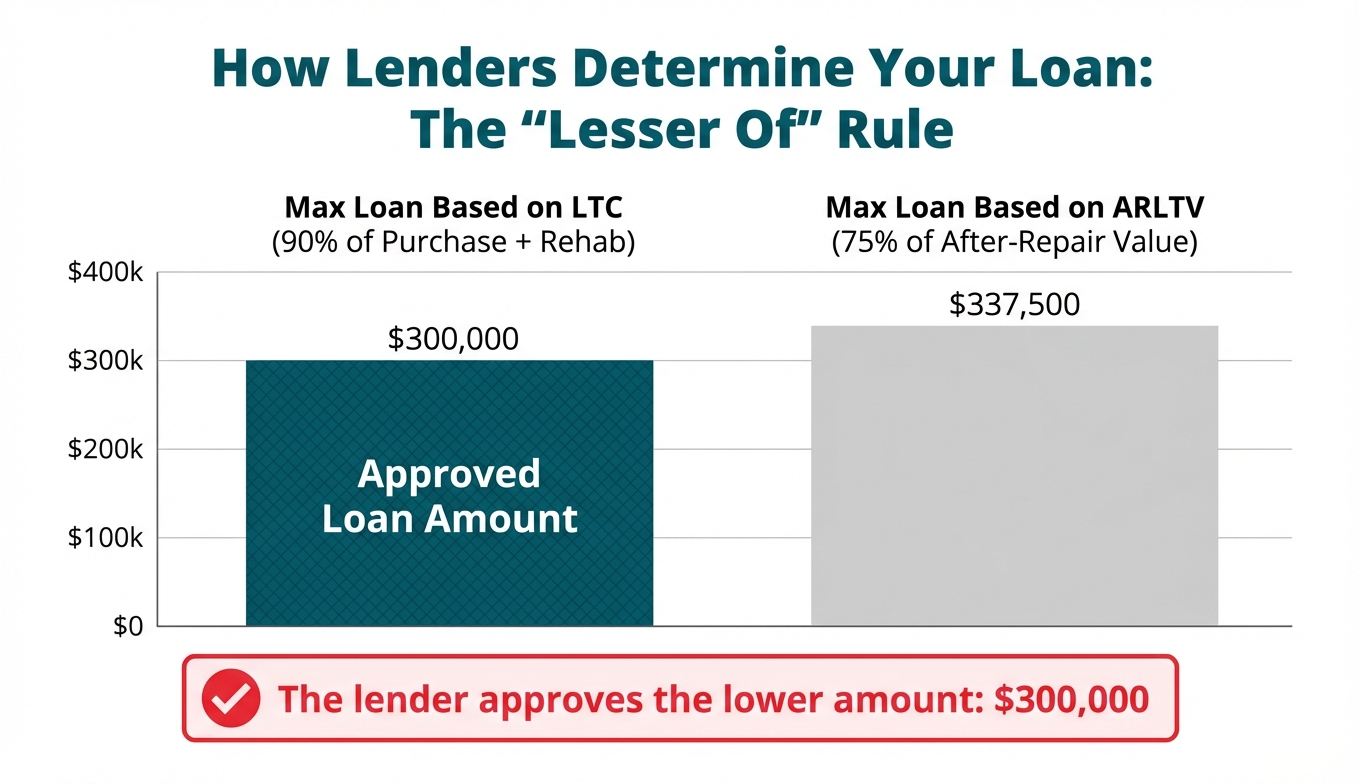 A bar chart explaining the 'lesser of' rule for fix and flip loans. It compares the max loan calculated by LTC ($300,000) versus ARLTV ($337,500) and shows that the lender approves the lower amount.