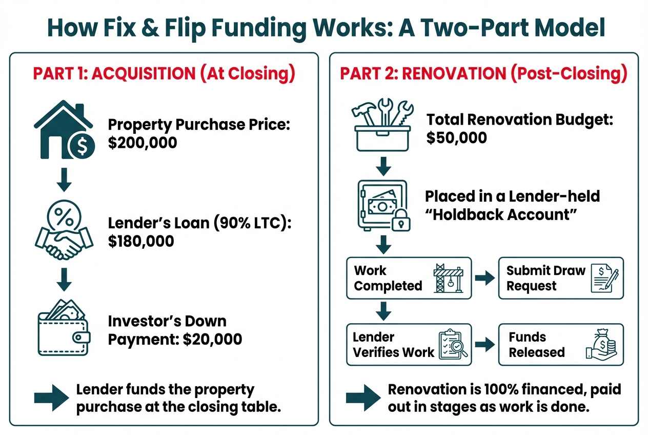 An infographic explaining the two-part funding model for fix and flip loans. The left side shows the acquisition phase with the lender funding the purchase, and the right side shows the renovation phase where funds are held in a holdback account and released in draws.