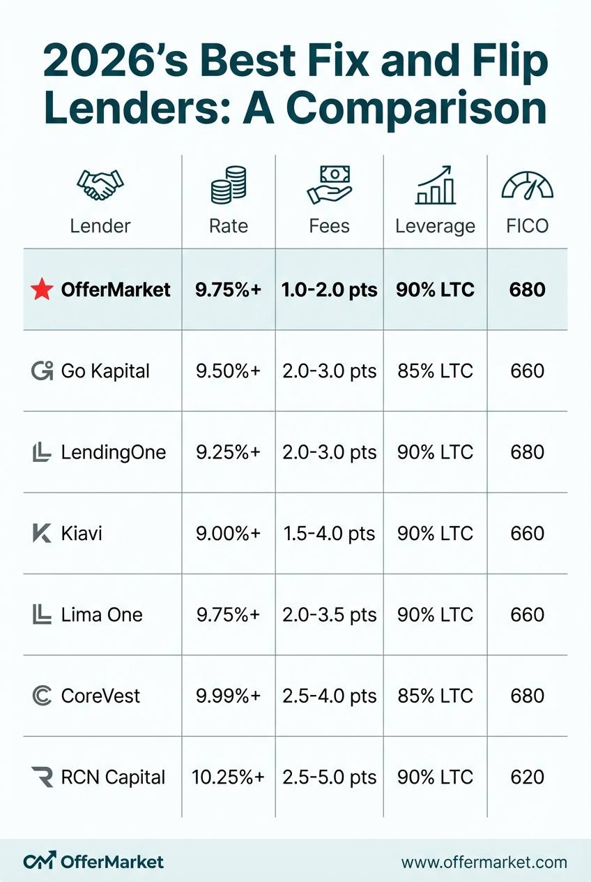 An infographic comparing the best fix and flip lenders of 2026. OfferMarket is highlighted as the top pick with rates from 8.99%, 90% LTC, and a 680 minimum FICO score. Other lenders like Kiavi, Lending One, and Go Kapital are also compared on key metrics.