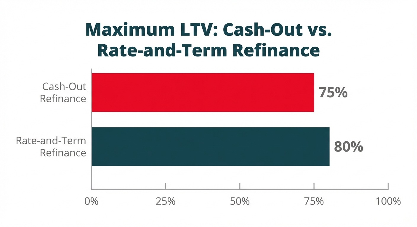 A bar chart comparing the maximum LTV for a cash-out refinance (75%) and a rate-and-term refinance (80%) on an investment property.