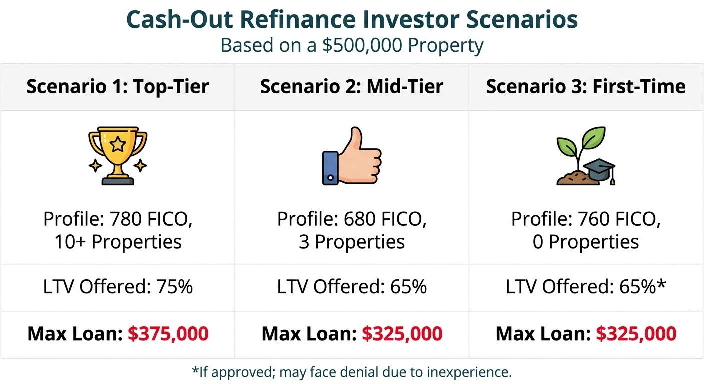 A comparison of three investor scenarios for a cash-out refinance, showing how FICO score and experience level affect the LTV and maximum loan amount on a $500,000 property.