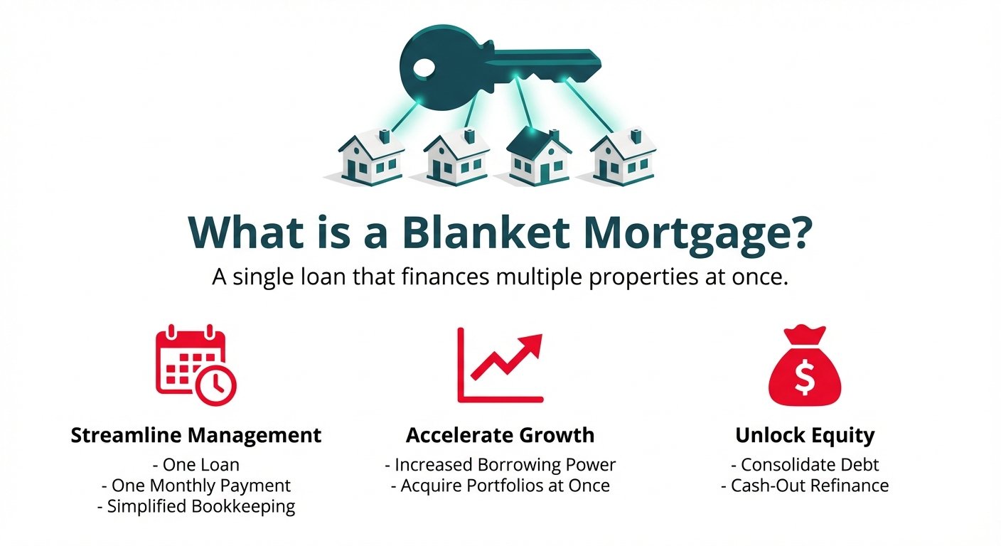 Infographic explaining what a blanket mortgage is. The top shows a large key unlocking multiple houses, and the bottom highlights three key benefits: streamline management, accelerate growth, and unlock equity.
