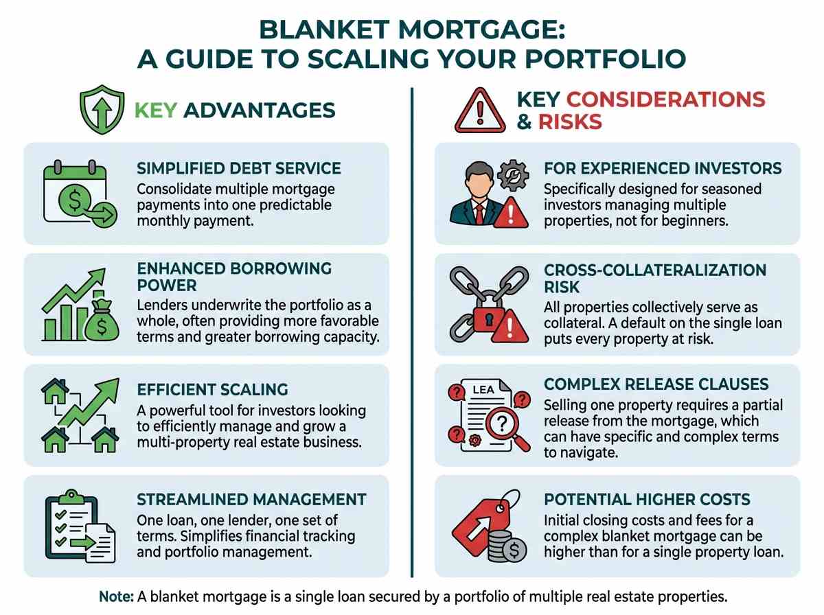 A conceptual image showing a single large key representing a blanket mortgage, covering a row of five smaller houses that represent a real estate portfolio.