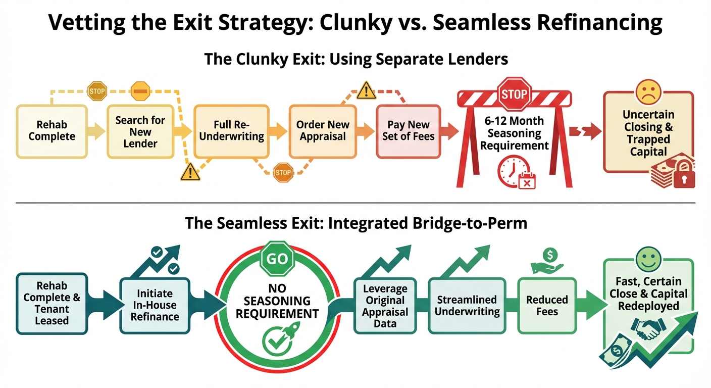 A flowchart infographic comparing a clunky fix and flip exit strategy with a seamless one. The clunky path shows delays like a 6-12 month seasoning requirement and new fees, while the seamless path from an integrated lender like OfferMarket shows a fast, certain close with no seasoning requirement.