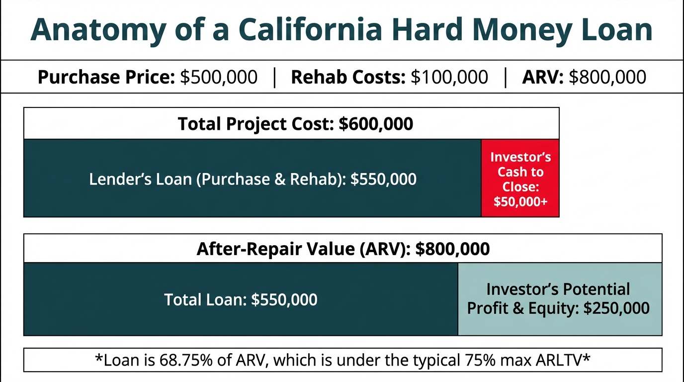 A bar chart explaining the structure of a hard money loan. It shows how a lender funds the majority of the purchase and rehab costs, while the total loan amount is limited by a percentage of the After-Repair Value (ARV).